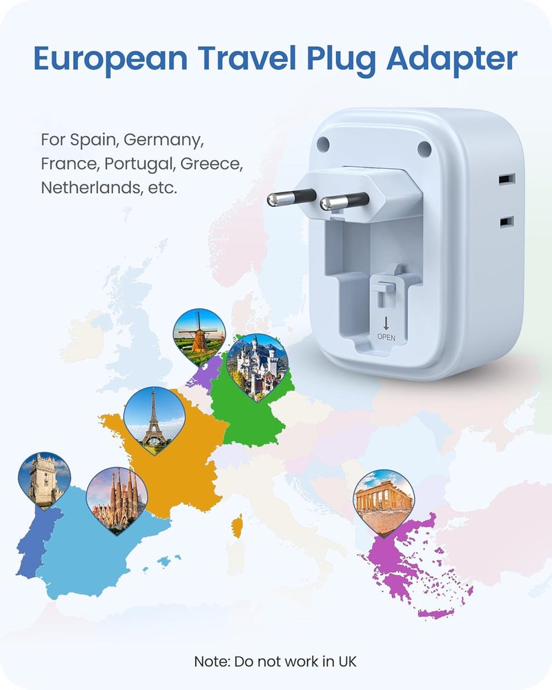 Lencent European Travel Plug Adapter, US to Europe Type-C Foldable Power Plug with 4 Outlets 4 USB Ports (2 USB C), Power Adaptor for USA to EU Euro Iceland Spain Italy France Germany Greece, Blue - Image 3